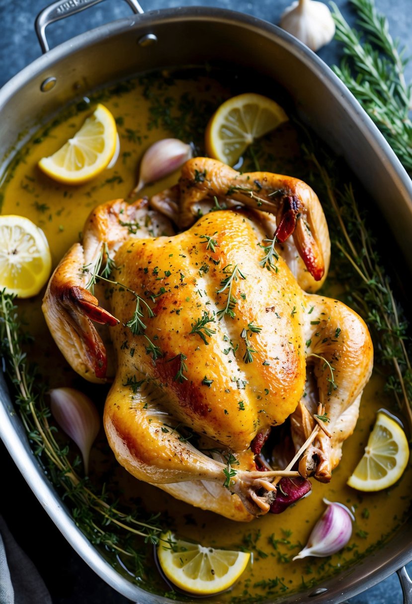 A whole chicken roasting in a Mediterranean-inspired marinade of lemon and olive oil, surrounded by fresh herbs and garlic cloves