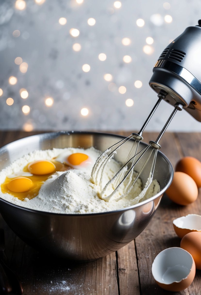 A mixing bowl filled with flour, sugar, eggs, and vanilla extract. A handheld mixer whips the ingredients together