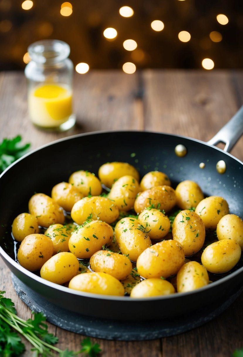 Golden potatoes sizzling in a pan with melted butter and sprinkled herbs