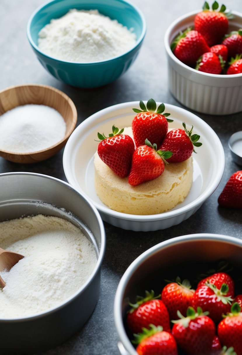 A table with ingredients and utensils for making a strawberry shortcake, including fresh strawberries, flour, sugar, a mixing bowl, and a cake pan