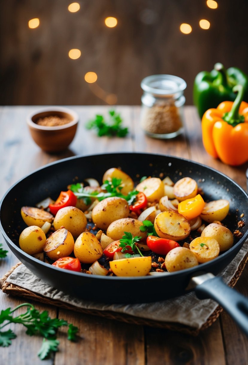 Sizzling potatoes, peppers, and onions in a skillet with Mediterranean spices