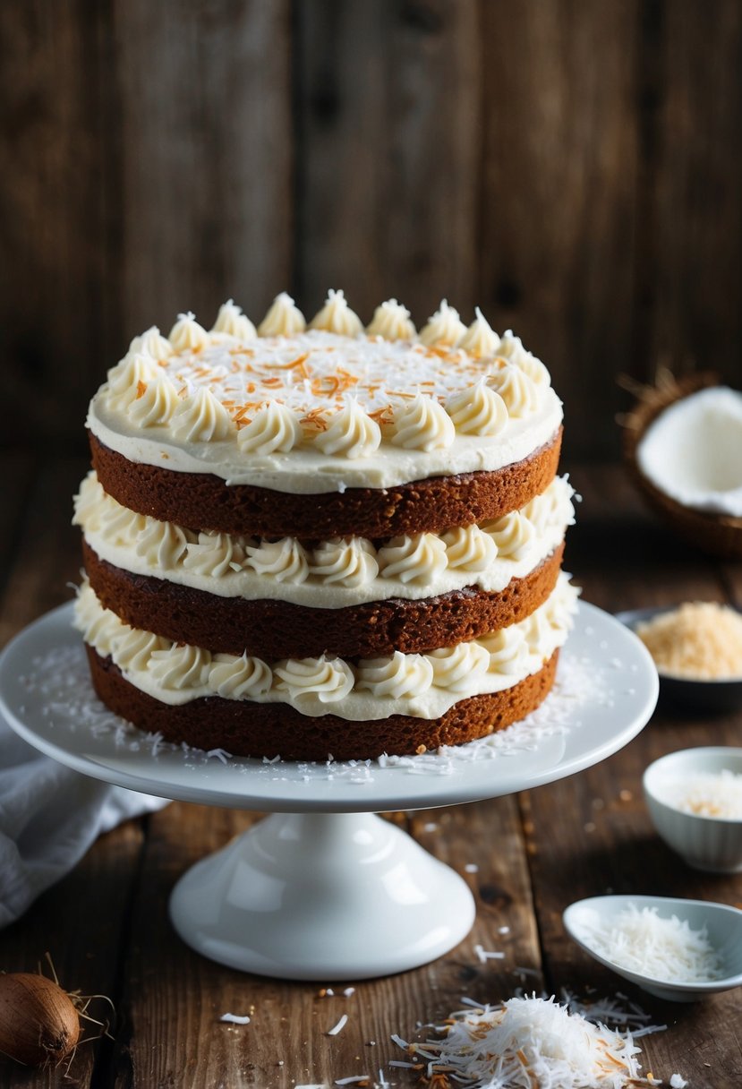 A coconut layer cake sits on a rustic wooden table, topped with creamy frosting and shredded coconut. A cake stand and a few scattered ingredients complete the scene