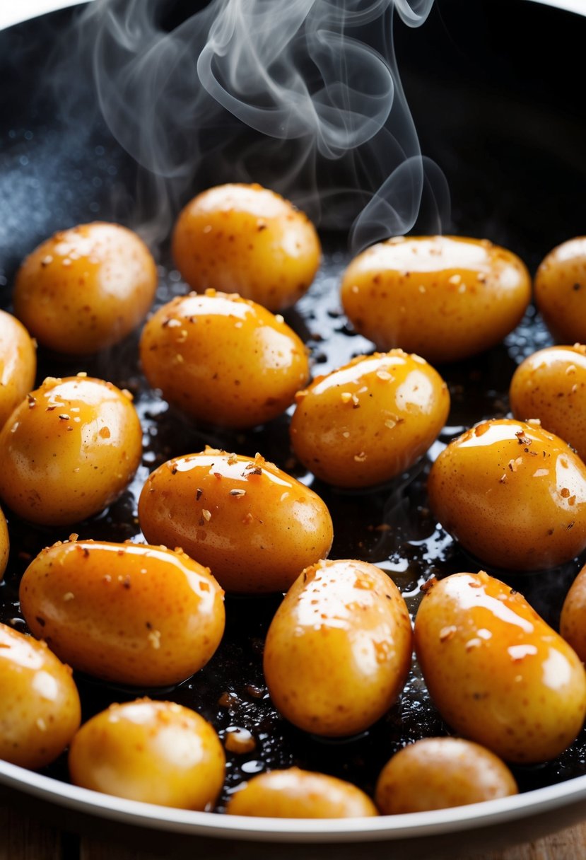 Potatoes sizzling in a pan, coated in a glossy maple dijon glaze, steam rising as they cook