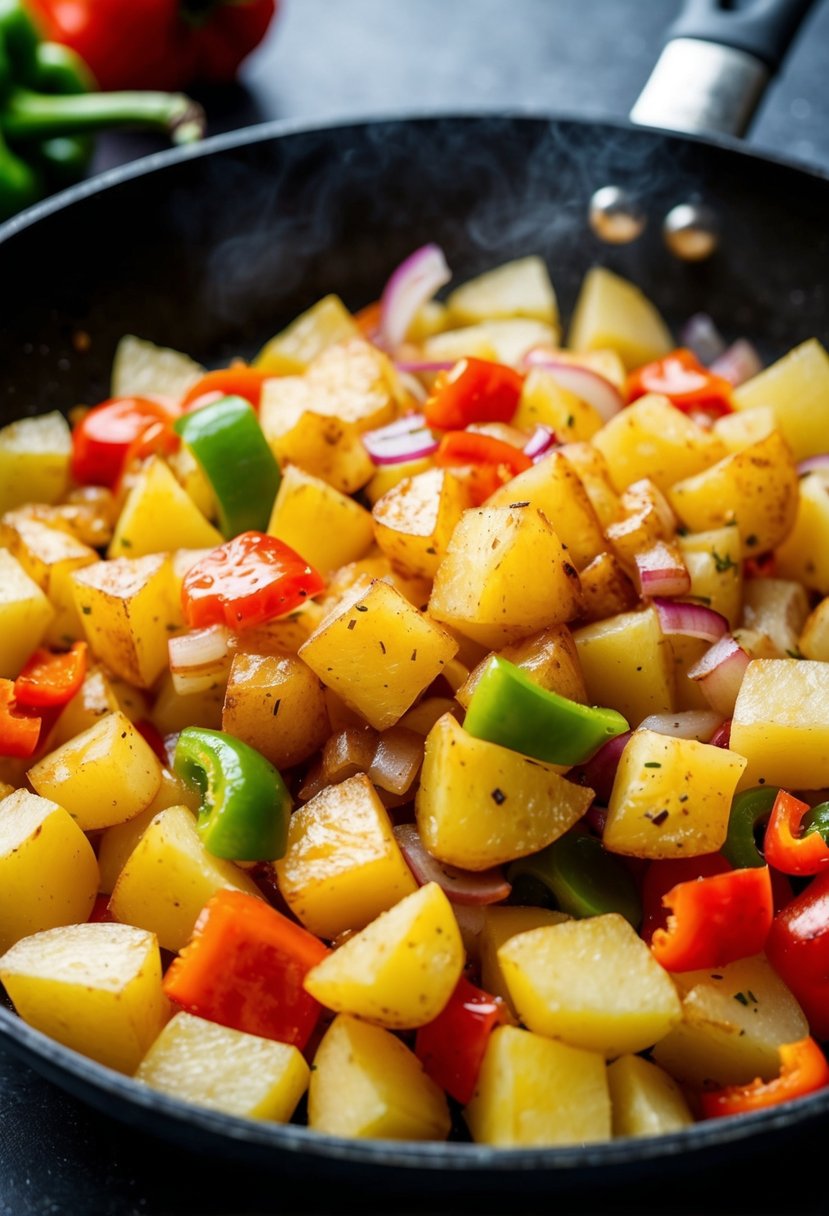 Sizzling skillet of diced potatoes with peppers and onions