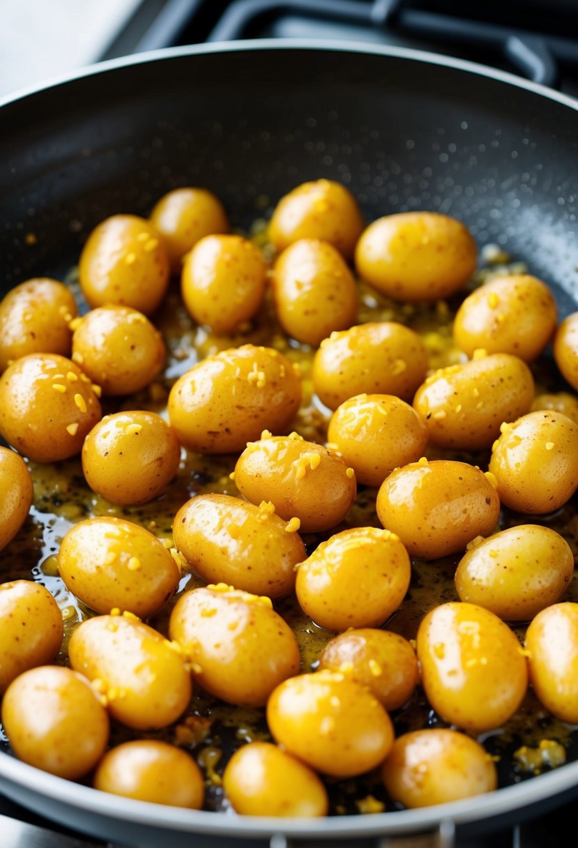 Golden potatoes sizzling in a honey mustard glaze, frying in a pan on a stovetop