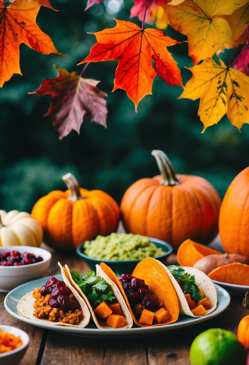 Colorful fall leaves surround a table with an assortment of taco ingredients, including pumpkin, sweet potatoes, and cranberry salsa