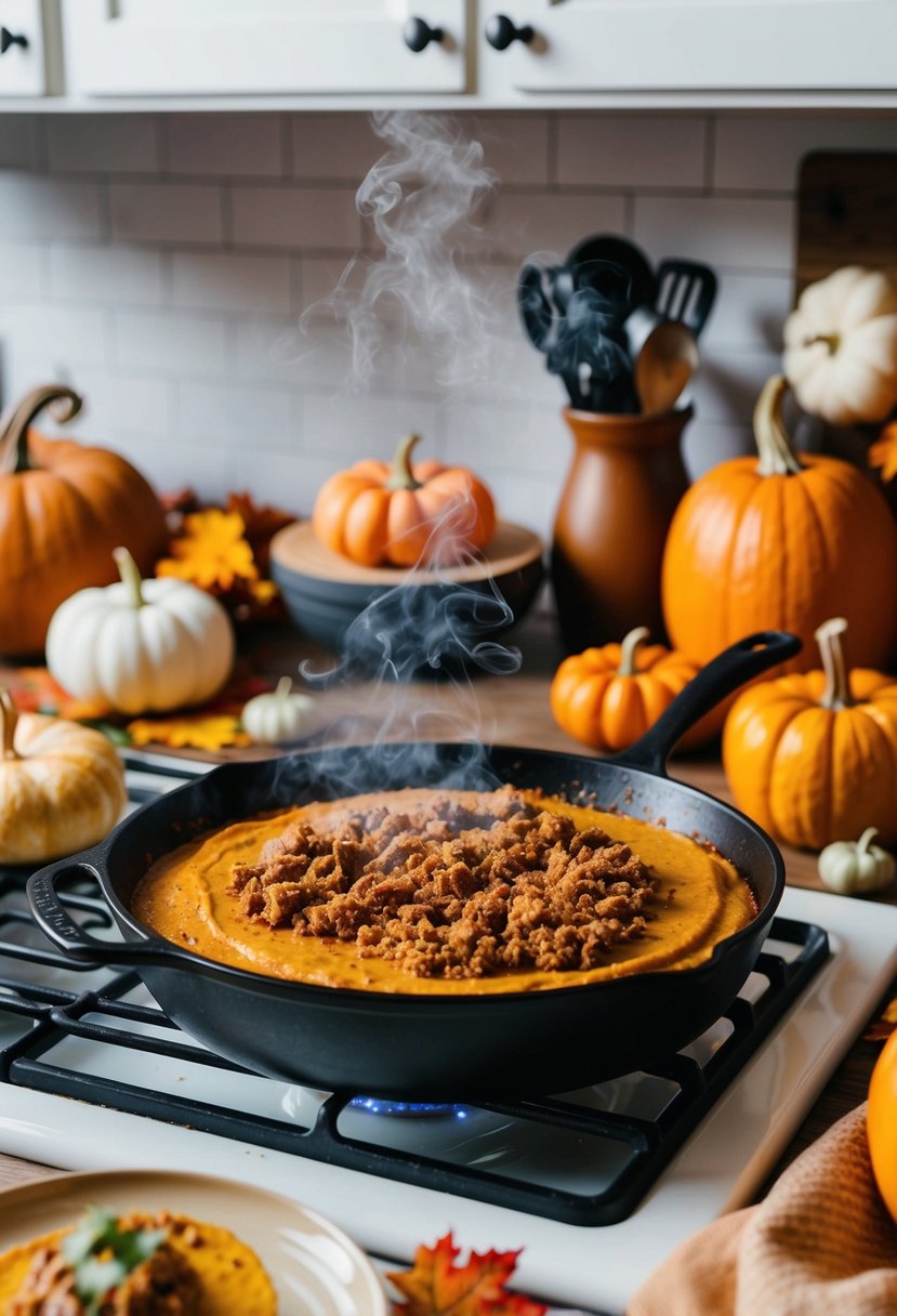 A cozy kitchen with a steaming skillet of pumpkin spice taco filling surrounded by fall-themed decor