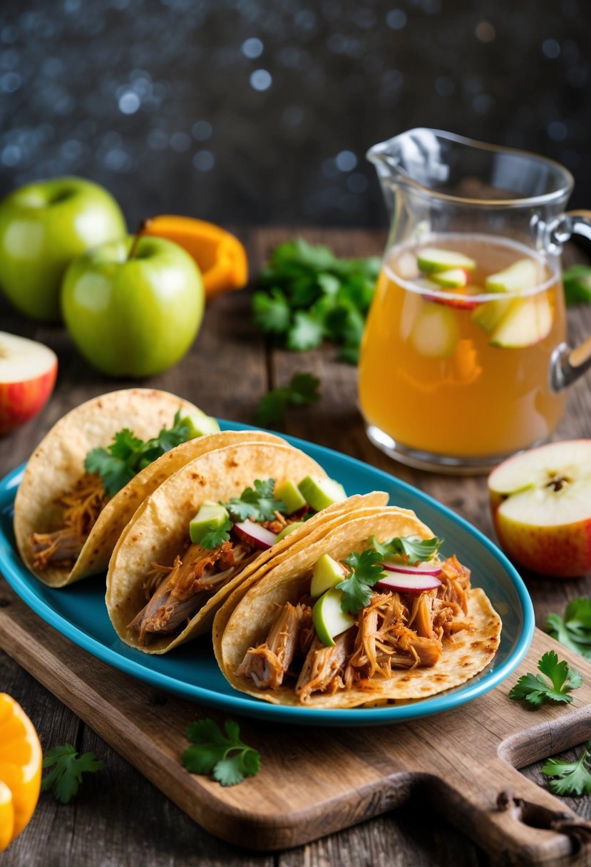 A rustic wooden table with a platter of apple cider pulled pork tacos, surrounded by fresh ingredients and a pitcher of cider