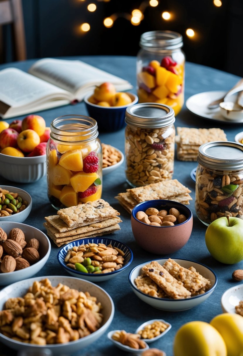 A table filled with various homemade snacks in glass jars and ceramic dishes. Fruits, nuts, and energy bars are neatly arranged alongside recipe books and cooking utensils