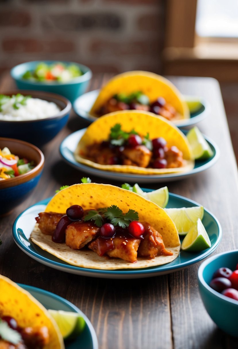 A table set with colorful cranberry BBQ chicken tacos and various taco toppings