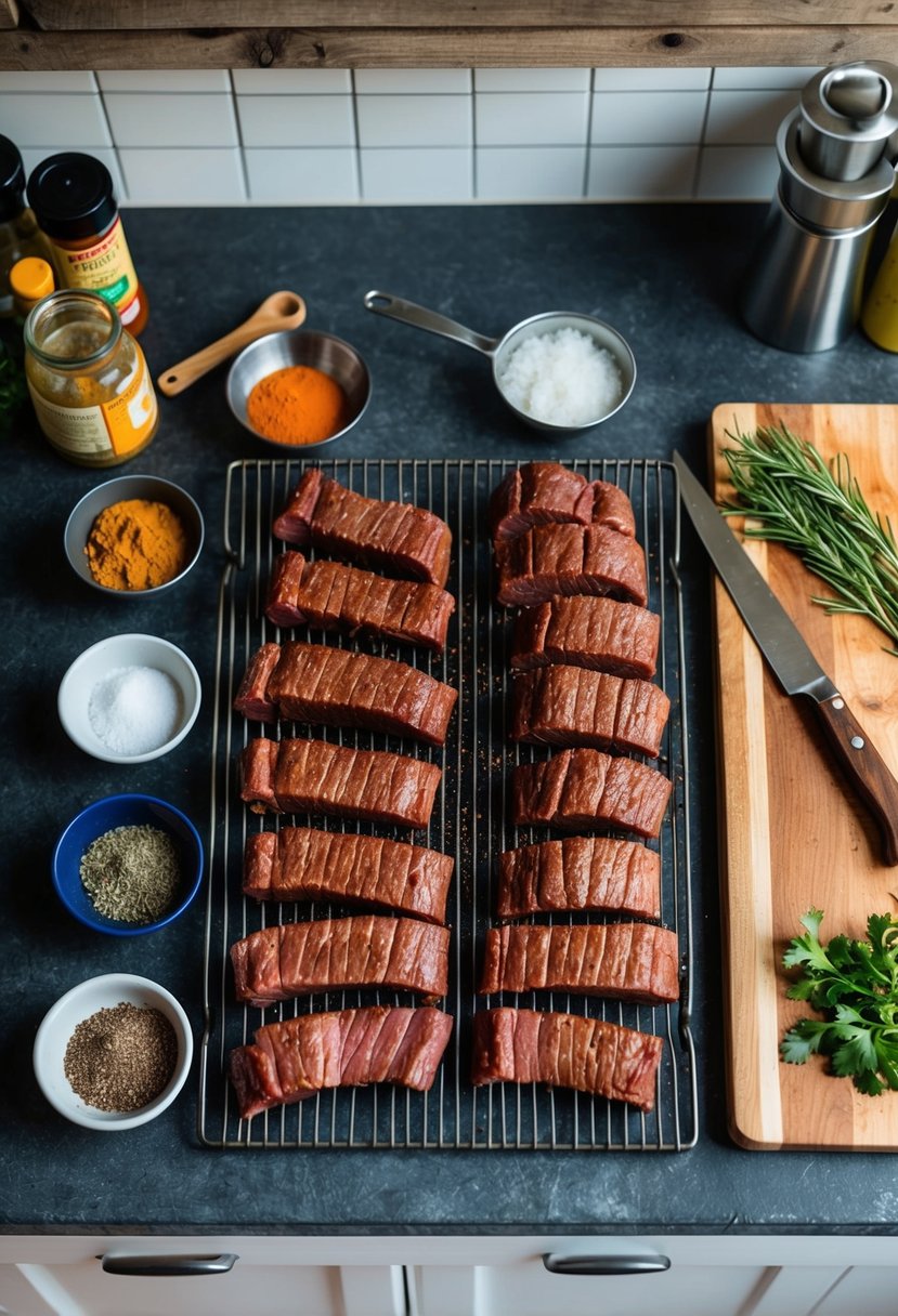 A rustic kitchen counter with various spices, cutting board, and strips of marinated beef laid out to dry on a wire rack