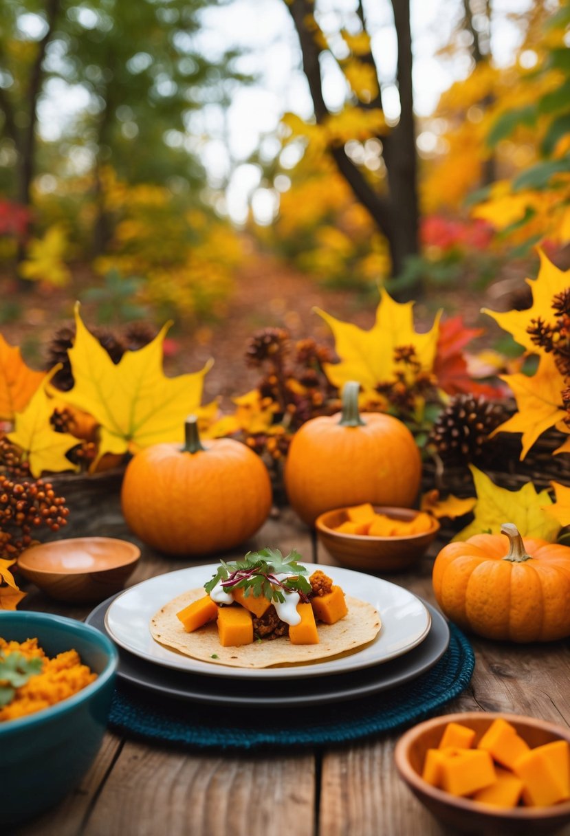 Vibrant fall foliage surrounds a table set with Maple Butternut Squash Tacos, with a warm, inviting atmosphere