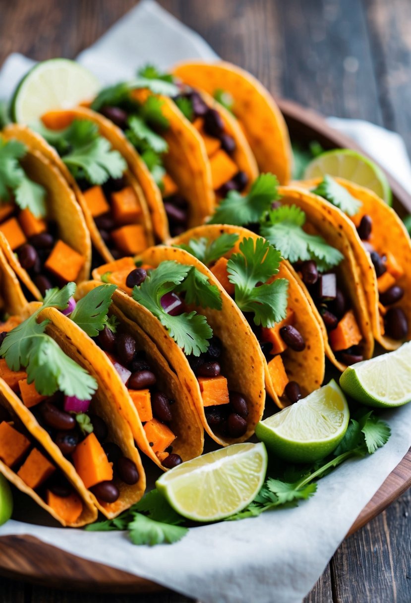 A colorful array of sweet potato and black bean tacos arranged on a wooden serving platter, garnished with fresh cilantro and lime wedges