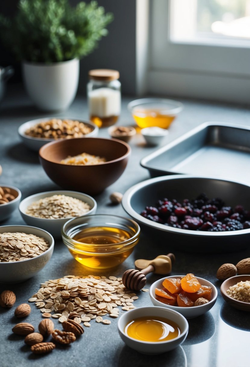 A kitchen counter with various ingredients spread out, including oats, nuts, honey, and dried fruit. A mixing bowl and a baking tray are also present