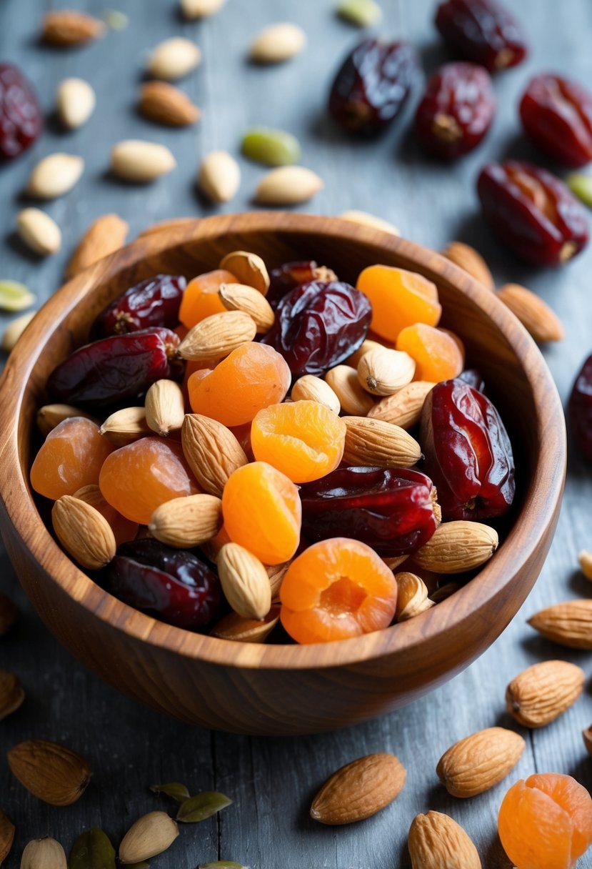 A rustic wooden bowl filled with an assortment of dried fruits and nuts, surrounded by scattered ingredients like dates, apricots, and almonds