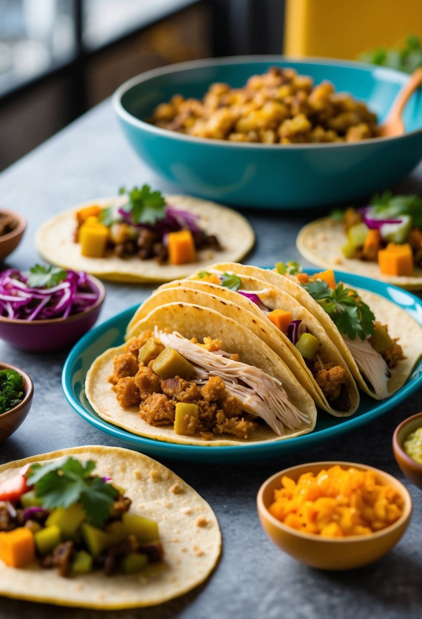 A table with a variety of tacos, one of them filled with turkey and stuffing, surrounded by colorful ingredients and garnishes