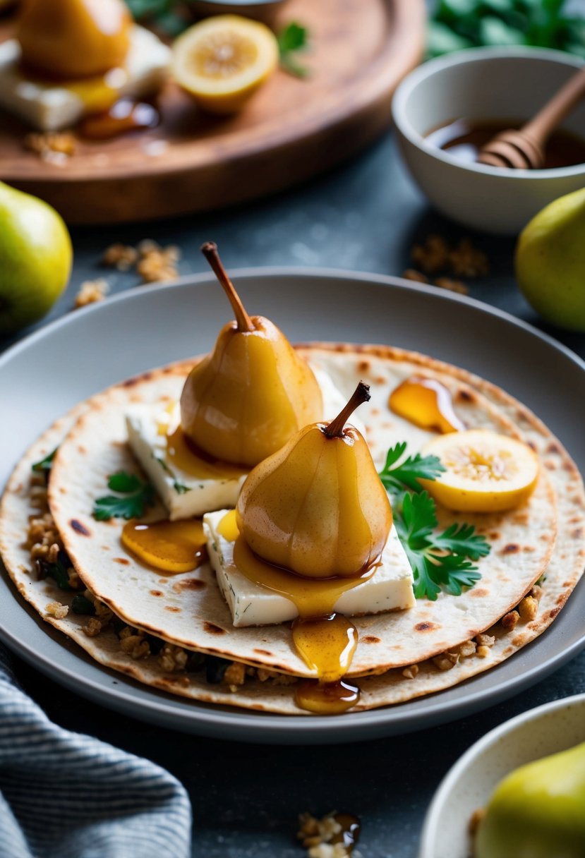 Caramelized pears and brie cheese on a warm tortilla, surrounded by fresh ingredients and a drizzle of honey