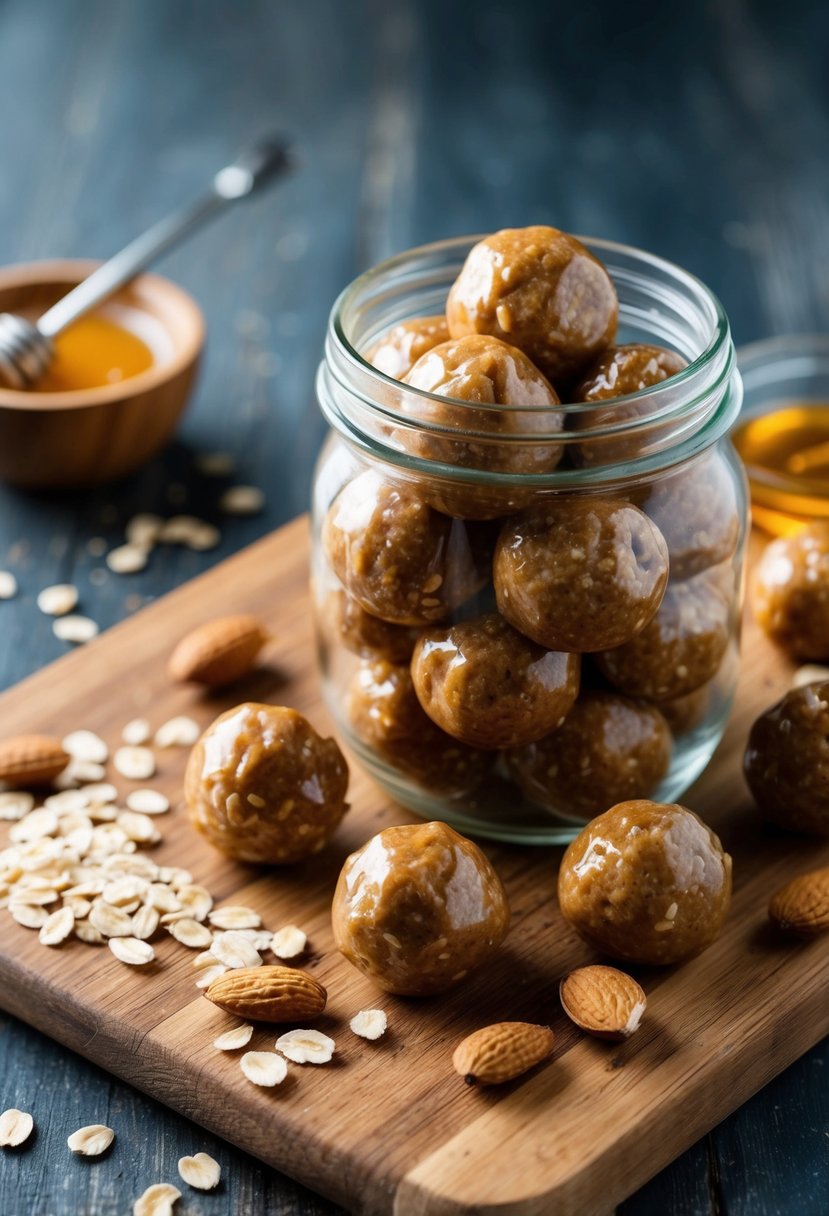 A glass jar filled with peanut butter protein balls sits on a wooden cutting board, surrounded by scattered ingredients like oats, honey, and almonds