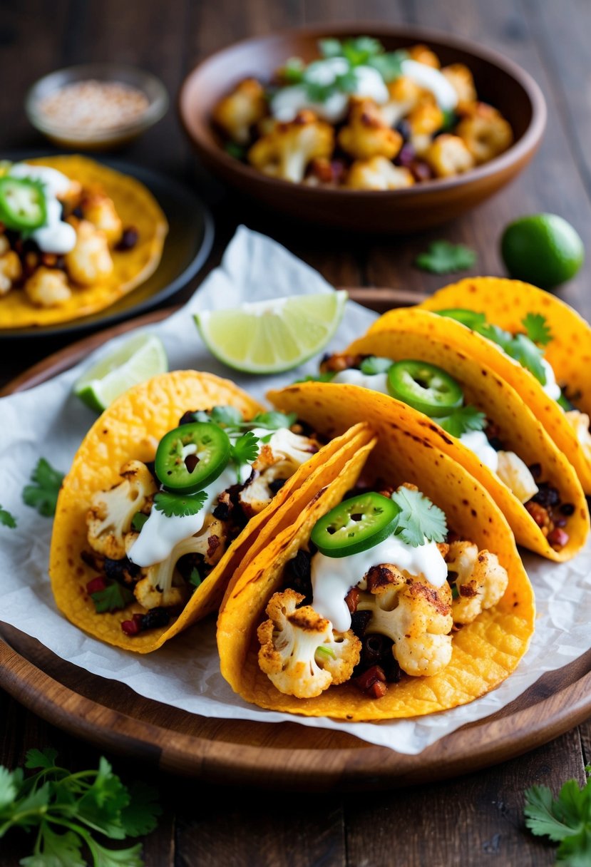 A colorful spread of chili-spiced roasted cauliflower tacos with fresh toppings on a wooden serving platter