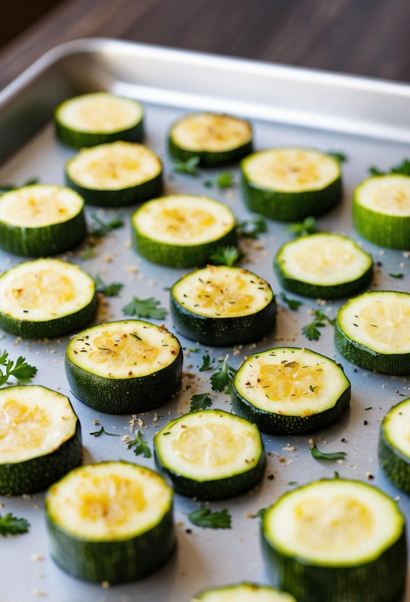 Fresh zucchinis sliced thin, spread on a baking sheet, seasoned with herbs, and baked to crispy perfection