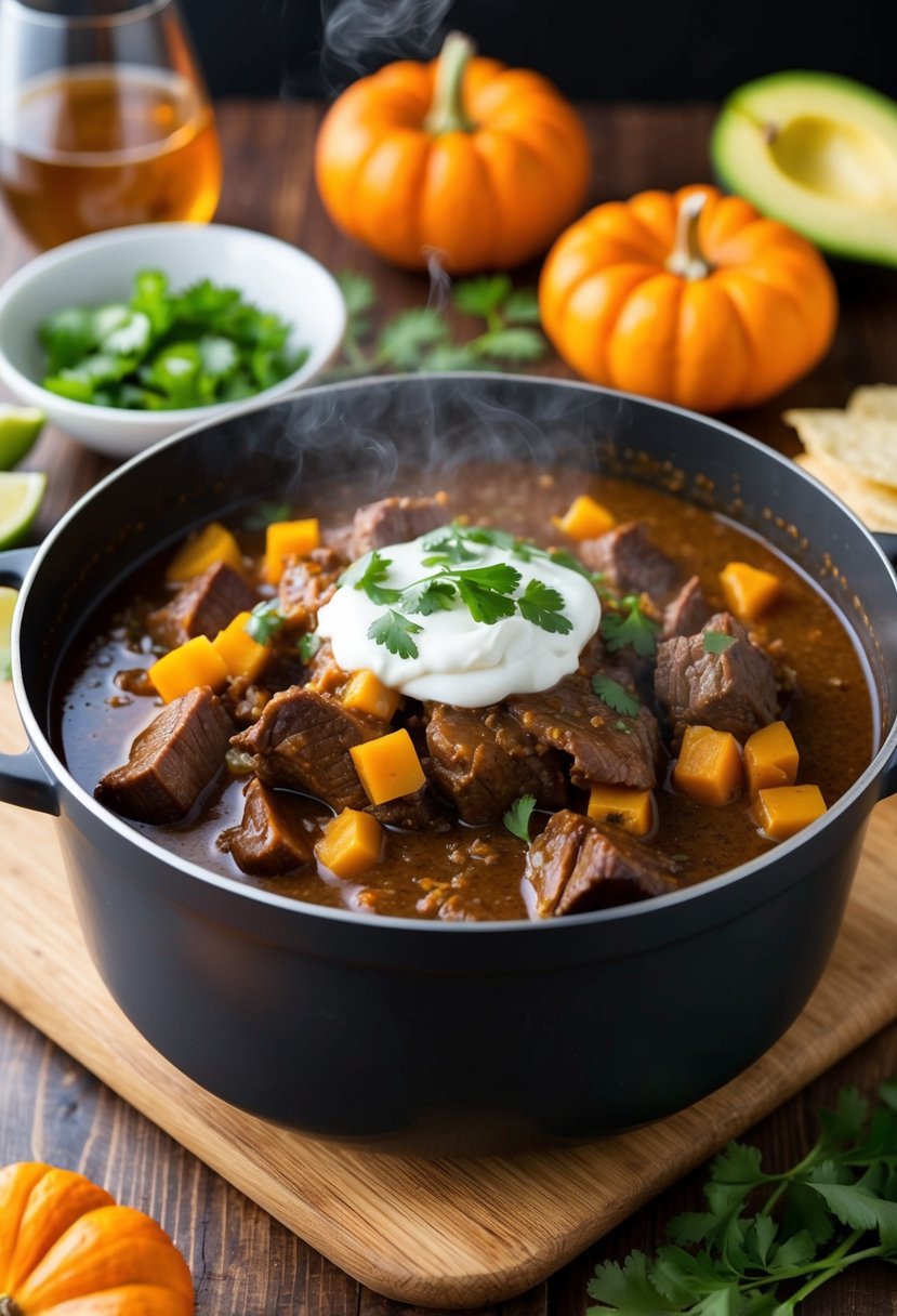 A steaming pot of pumpkin ale braised beef with taco fixings scattered around