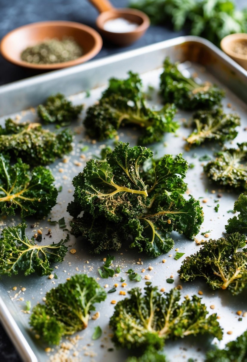 A baking sheet filled with crispy kale chips, surrounded by a variety of seasonings and herbs