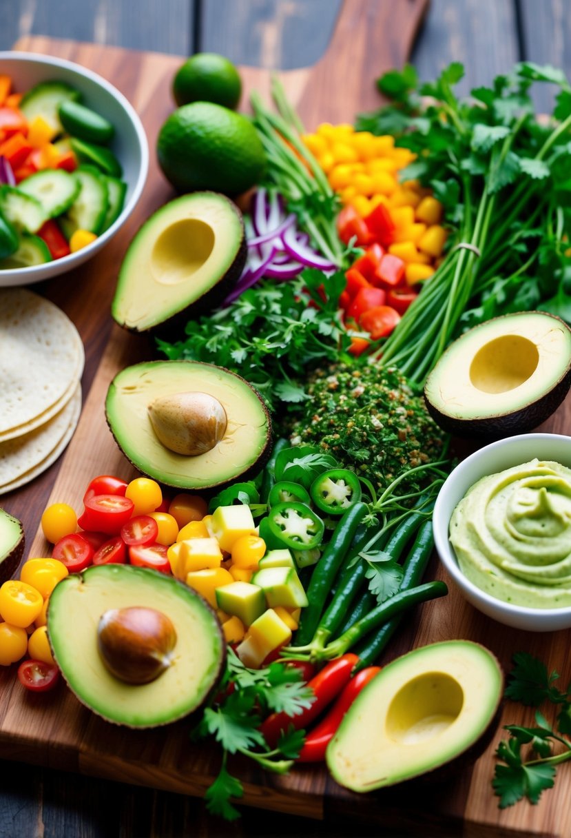 A colorful spread of fresh vegetables, herbs, and avocados arranged on a wooden cutting board, with taco shells and a bowl of creamy avocado sauce nearby