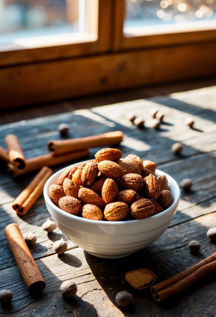 A bowl of spiced nuts sits on a rustic wooden table, surrounded by scattered cinnamon sticks and whole spices. Sunlight streams through a nearby window, casting warm shadows across the scene