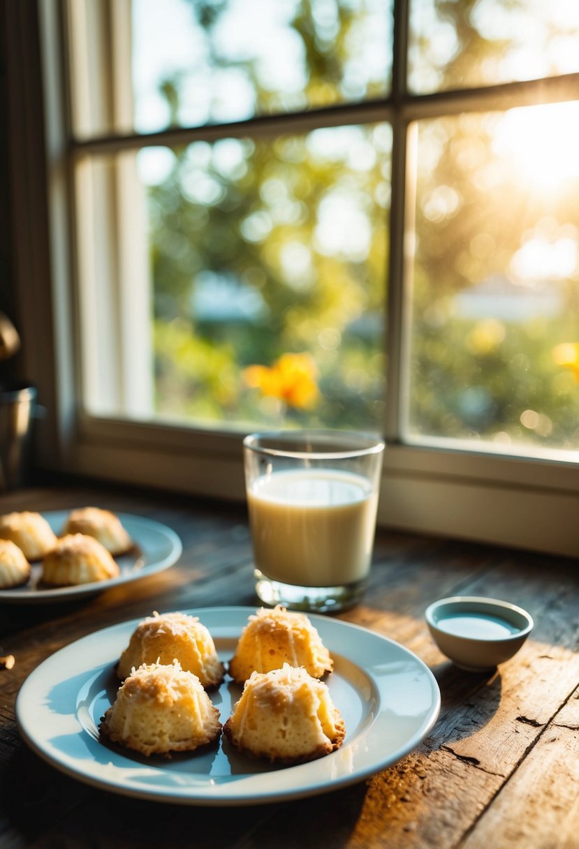 A rustic kitchen table with a plate of coconut macaroons and a glass of milk. Sunlight streams in through a window, casting a warm glow on the scene