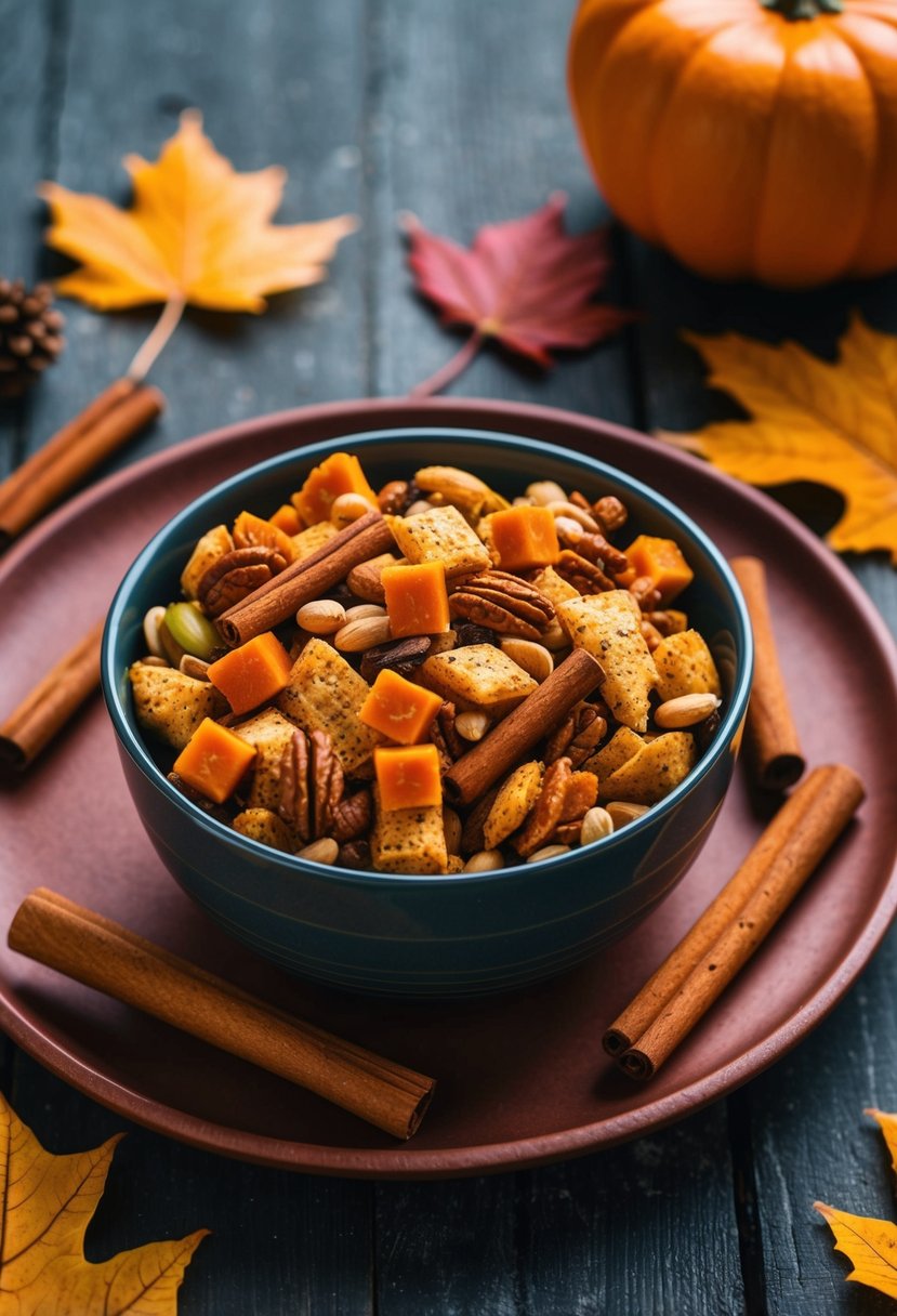 A bowl of pumpkin spice trail mix surrounded by autumn leaves and cinnamon sticks