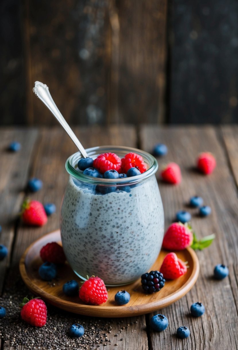 A glass jar filled with chia seed pudding sits on a rustic wooden table, surrounded by scattered chia seeds and fresh berries