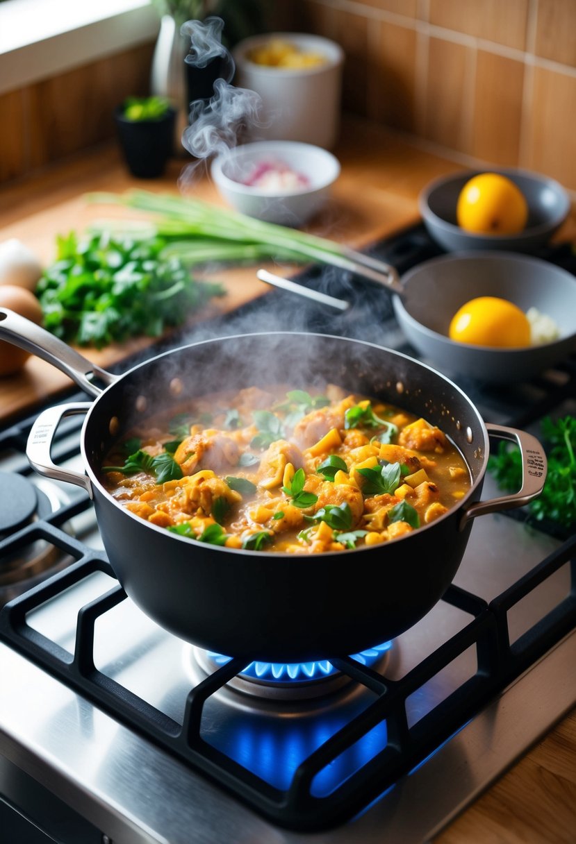 A steaming pot of Ninja Foodi NeverStick recipes sizzling on a stovetop, surrounded by fresh ingredients and cooking utensils