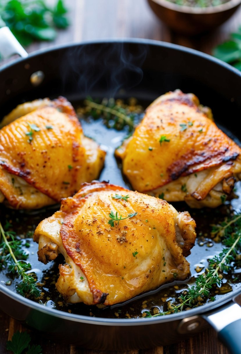 Golden chicken thighs sizzling in a Ninja Foodi, surrounded by aromatic herbs and spices, with a crispy, perfectly browned skin