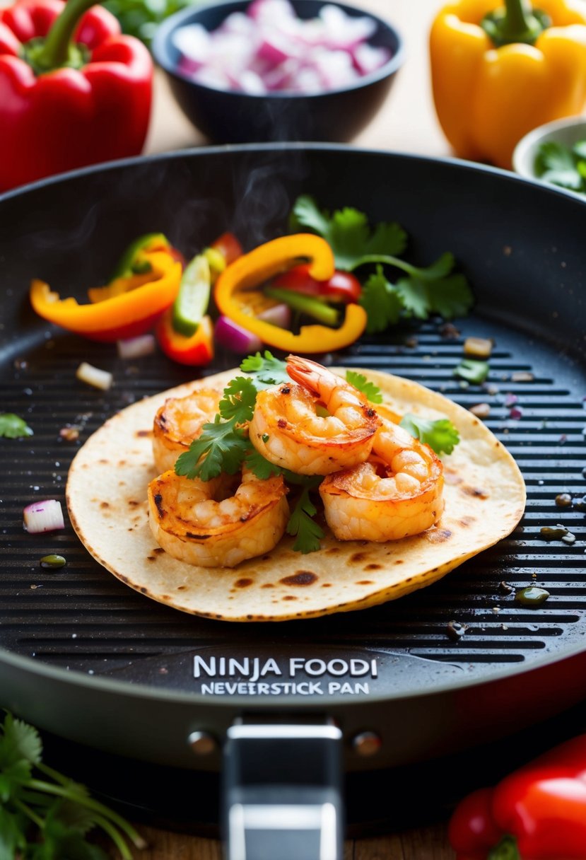 A sizzling shrimp taco being grilled on a Ninja Foodi NeverStick pan, surrounded by colorful ingredients like peppers, onions, and cilantro