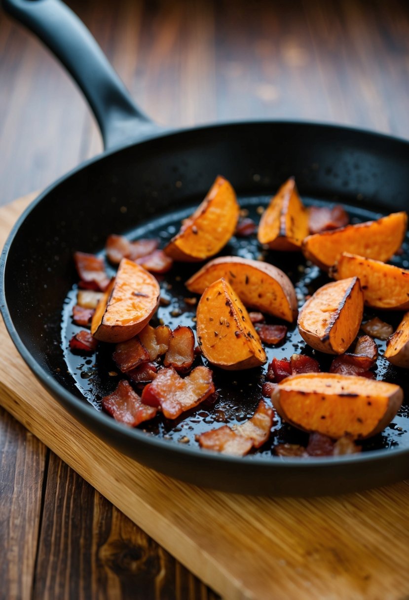 A sizzling skillet with roasted sweet potatoes and crispy bacon