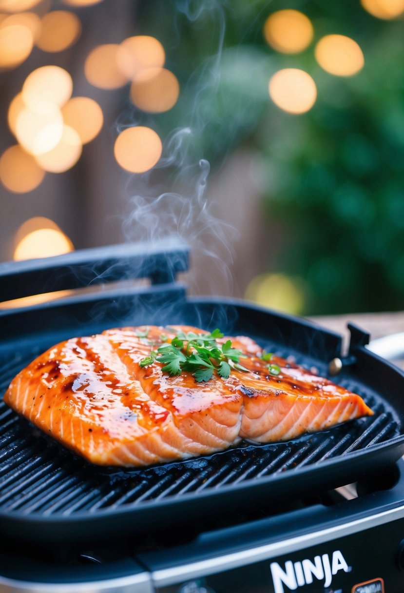 A juicy teriyaki salmon fillet sizzling on a non-stick Ninja Foodi grill