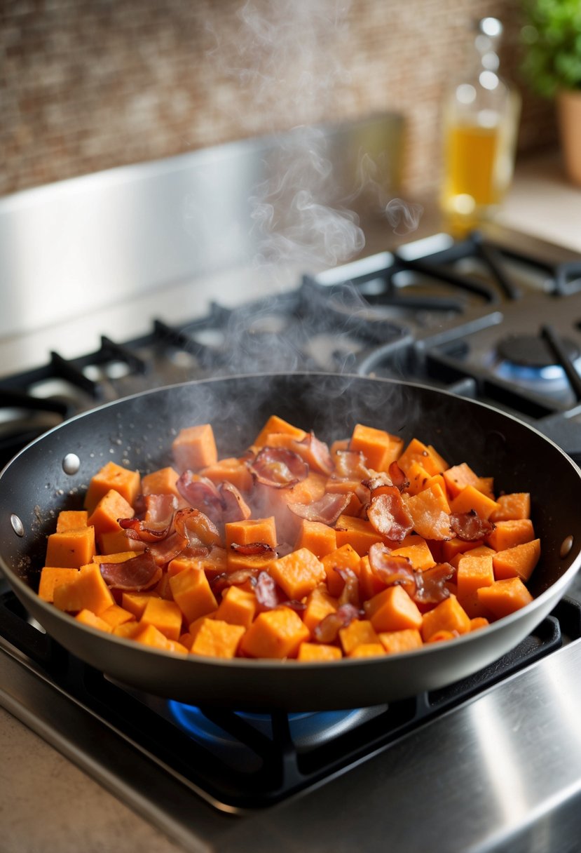 A sizzling skillet of diced sweet potatoes and crispy bacon cooking together over a stovetop, emitting a mouthwatering aroma