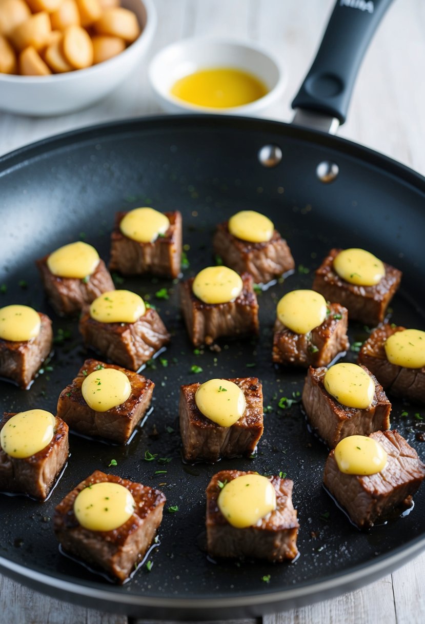 Sizzling steak bites in garlic butter sauce on a non-stick Ninja Foodi pan