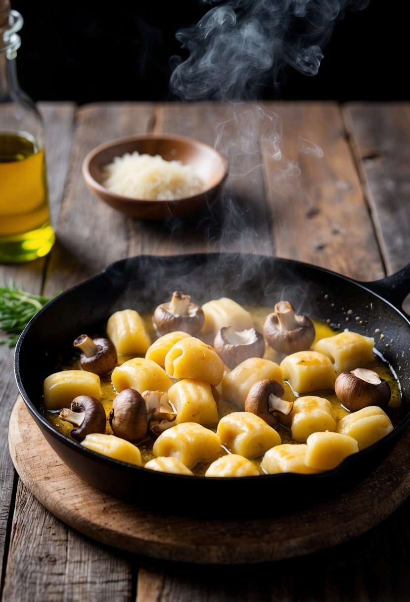 A steaming skillet of gnocchi and mushrooms sizzling in olive oil on a rustic wooden table