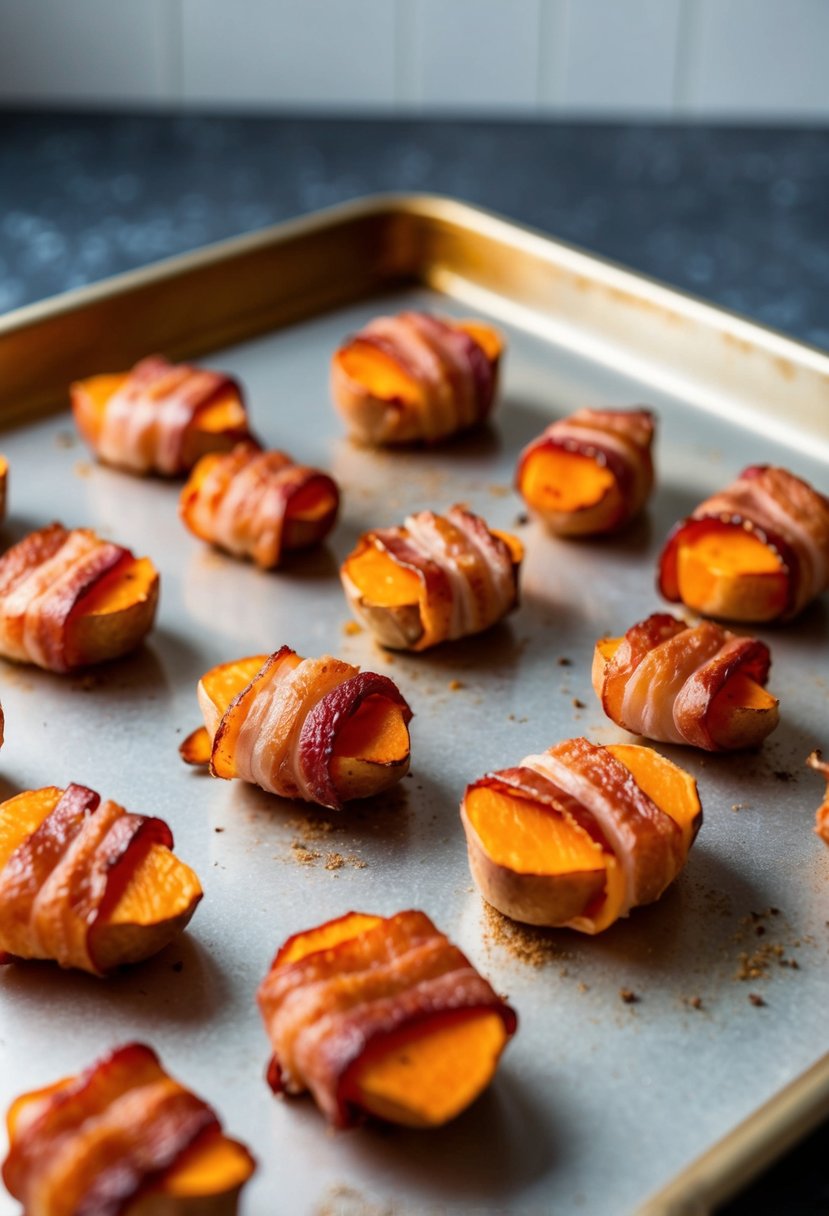 A baking sheet lined with golden brown bacon-wrapped sweet potato bites, fresh out of the oven