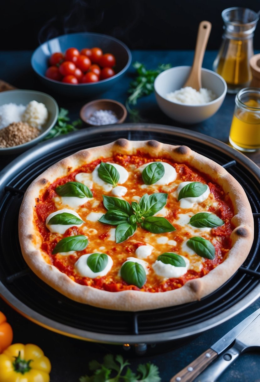 A fresh Margherita pizza cooks in a Ninja Foodi, surrounded by ingredients and utensils