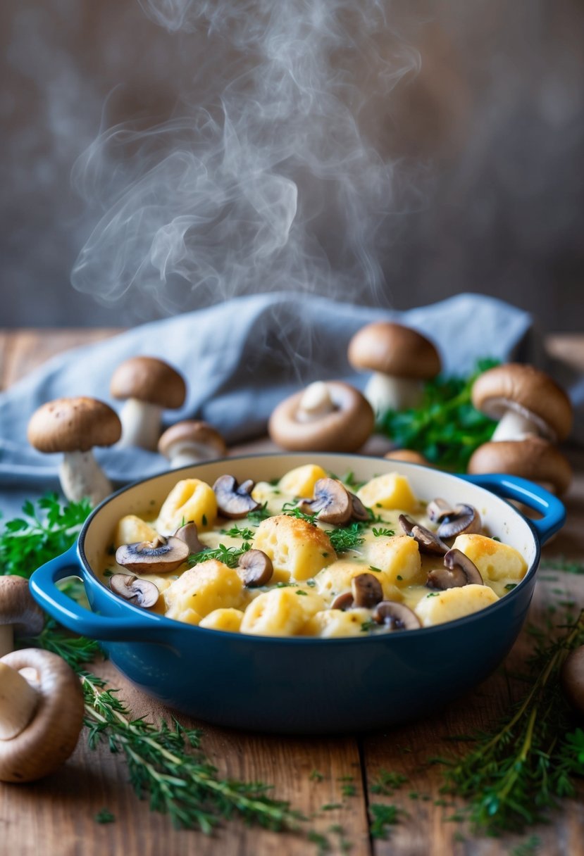 A steaming dish of creamy mushroom and gnocchi bake, surrounded by fresh mushrooms and scattered with herbs