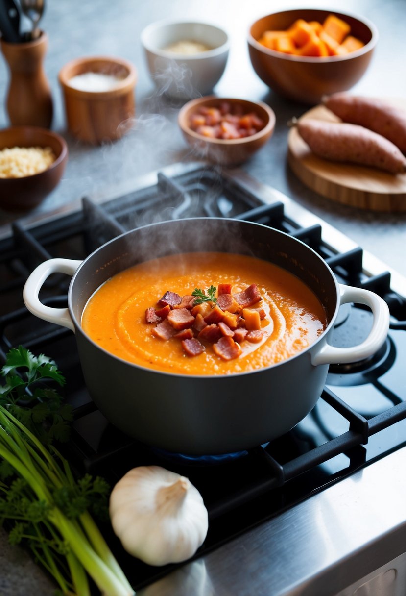 A steaming pot of sweet potato and bacon soup simmers on a stove, surrounded by fresh ingredients and cooking utensils