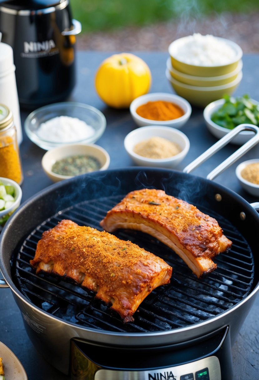 A pair of Cajun spiced ribs sizzling on a Ninja Foodi grill, surrounded by various ingredients and seasonings