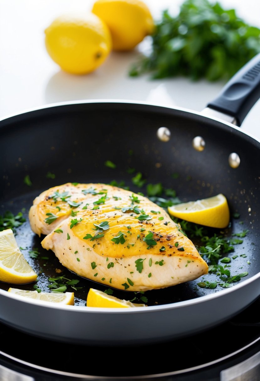 A sizzling Lemon Herb Chicken Breast cooking in a Ninja Foodi NeverStick pan