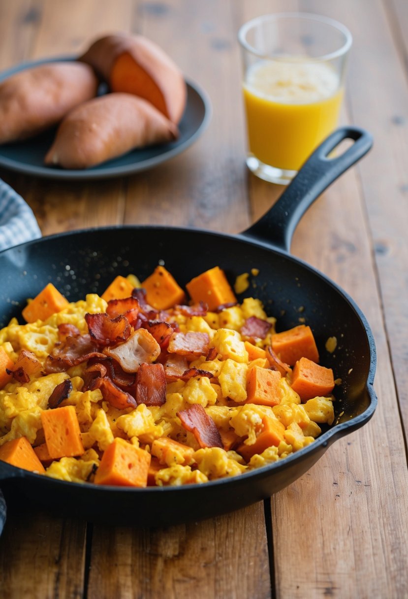 A sizzling skillet holds a colorful breakfast scramble, with chunks of sweet potato and crispy bacon mixed together in a mouth-watering dish