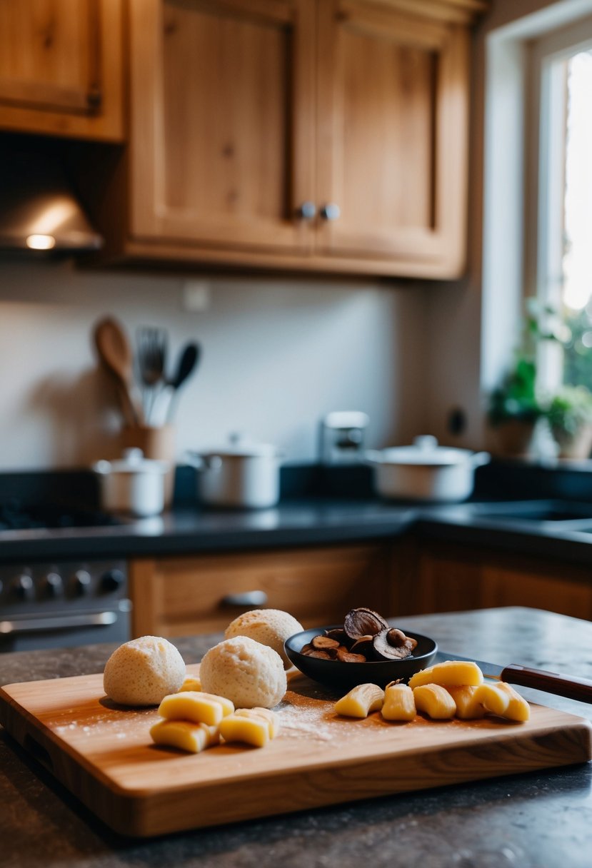 A rustic kitchen counter with ingredients: truffle, mushrooms, and gnocchi