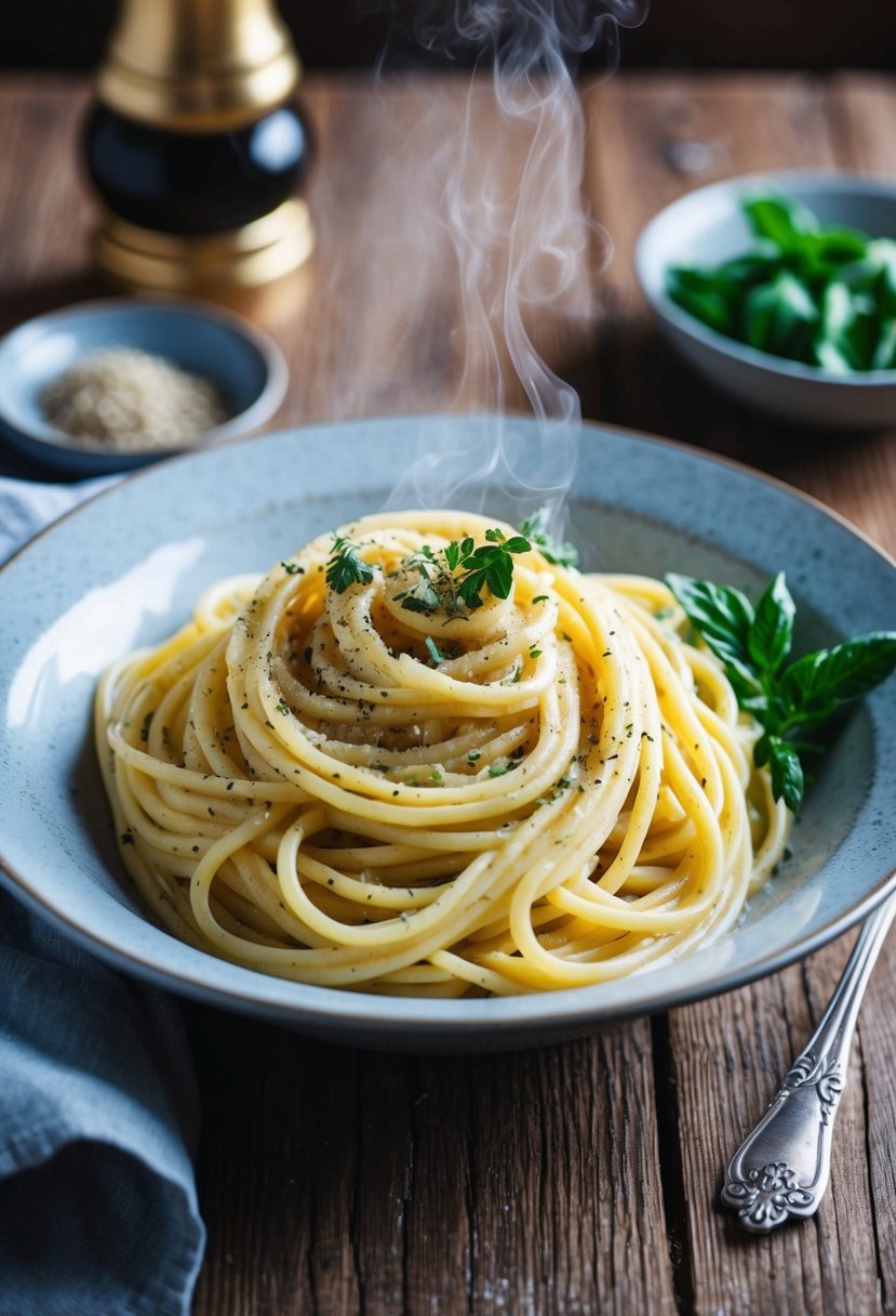 A steaming bowl of creamy Tuscan pasta sits on a rustic wooden table, garnished with fresh herbs and cracked black pepper