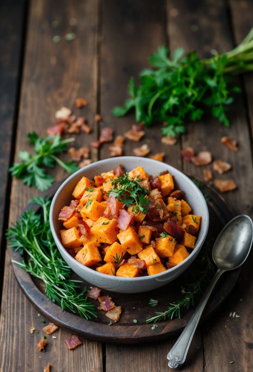 A rustic wooden table set with a bowl of sweet potato and bacon salad, surrounded by scattered ingredients like fresh herbs and crispy bacon bits