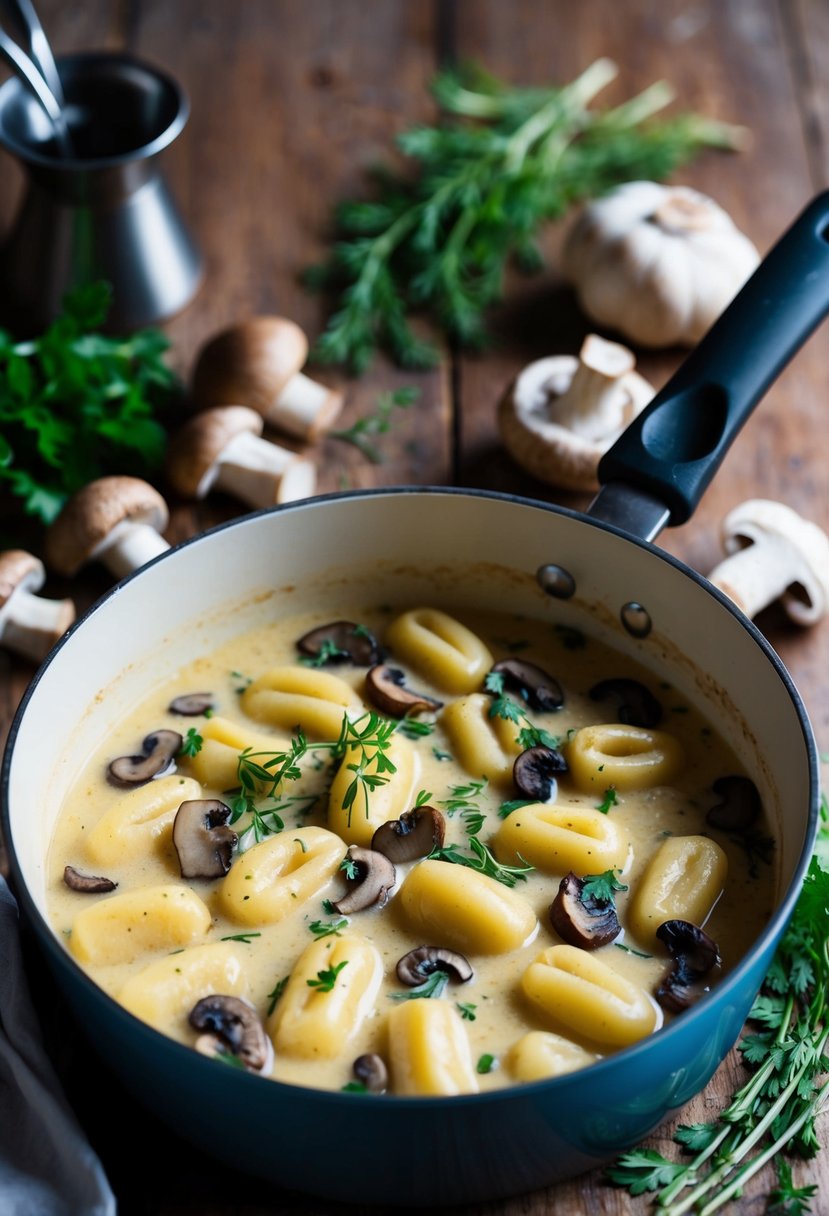 A rustic kitchen counter with a bubbling pot of wild mushroom gnocchi in a creamy garlic sauce, surrounded by fresh mushrooms and herbs